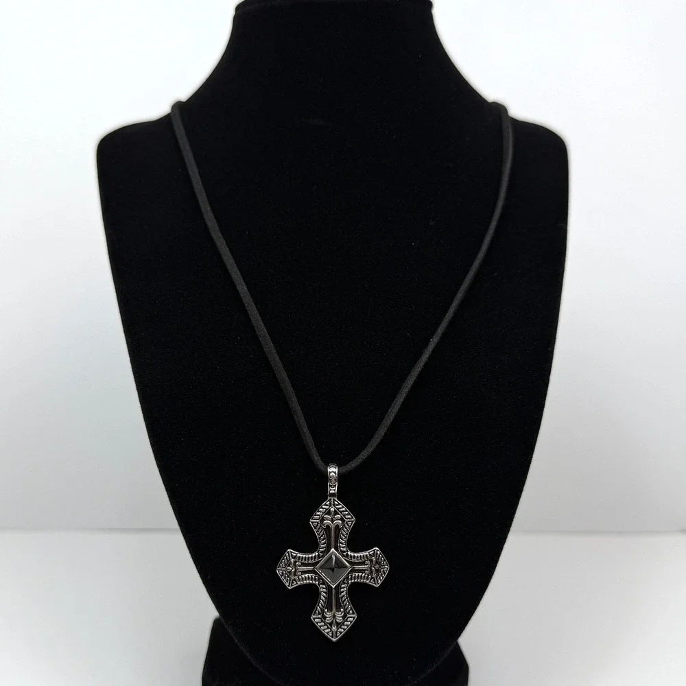 Stainless Steel Black Agate Cross Pendant Necklace Vintage Antique Style Silver